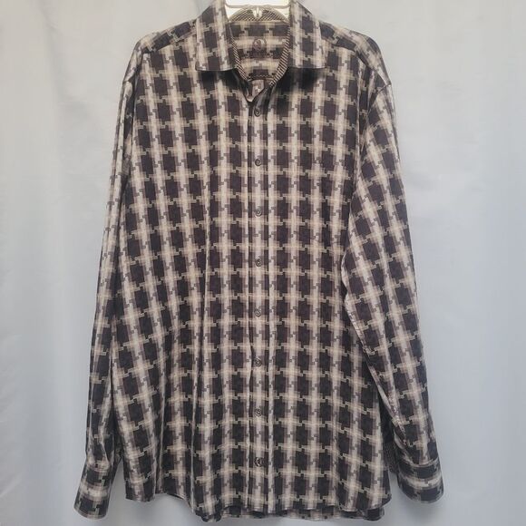 Bugatchi Uomo Shirt Classic Fit Long Sleeve Neutral Geometric Digital Print 2XL - Picture 1 of 16